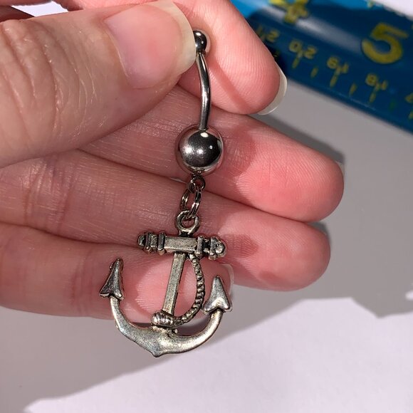 Large Anchor with Rope and Pink Gem Dangle Belly Ring - Picture 10 of 16